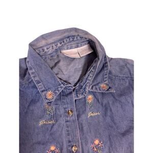 VTG Stonybrook Denim Shirt Floral Embroidered Button Down Womens Large Cotton